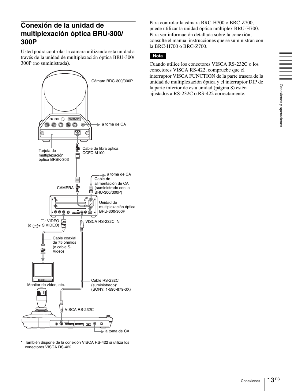 Conexión de la unidad de multiplexación óptica, Bru-300/300p, Nota | Sony RM-BR300 User Manual | Page 51 / 80