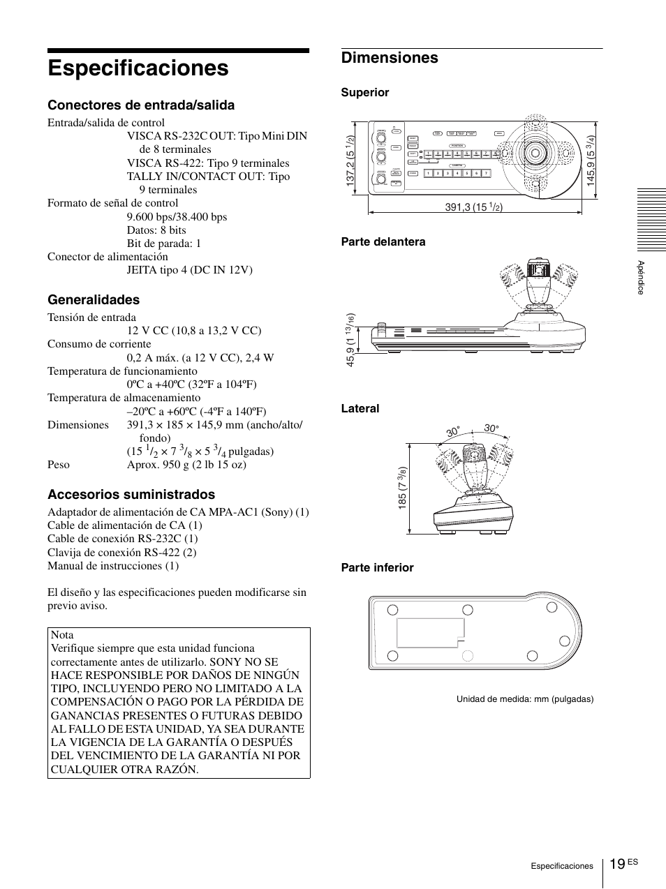 Especificaciones, Dimensiones, Conectores de entrada/salida | Generalidades, Accesorios suministrados, Parte delantera parte inferior lateral superior | Sony RM-BR300 User Manual | Page 57 / 80