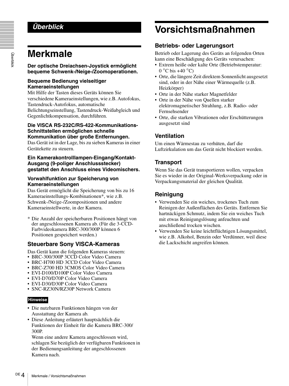 Überblick, Merkmale, Vorsichtsmaßnahmen | Merkmale vorsichtsmaßnahmen | Sony RM-BR300 User Manual | Page 62 / 80