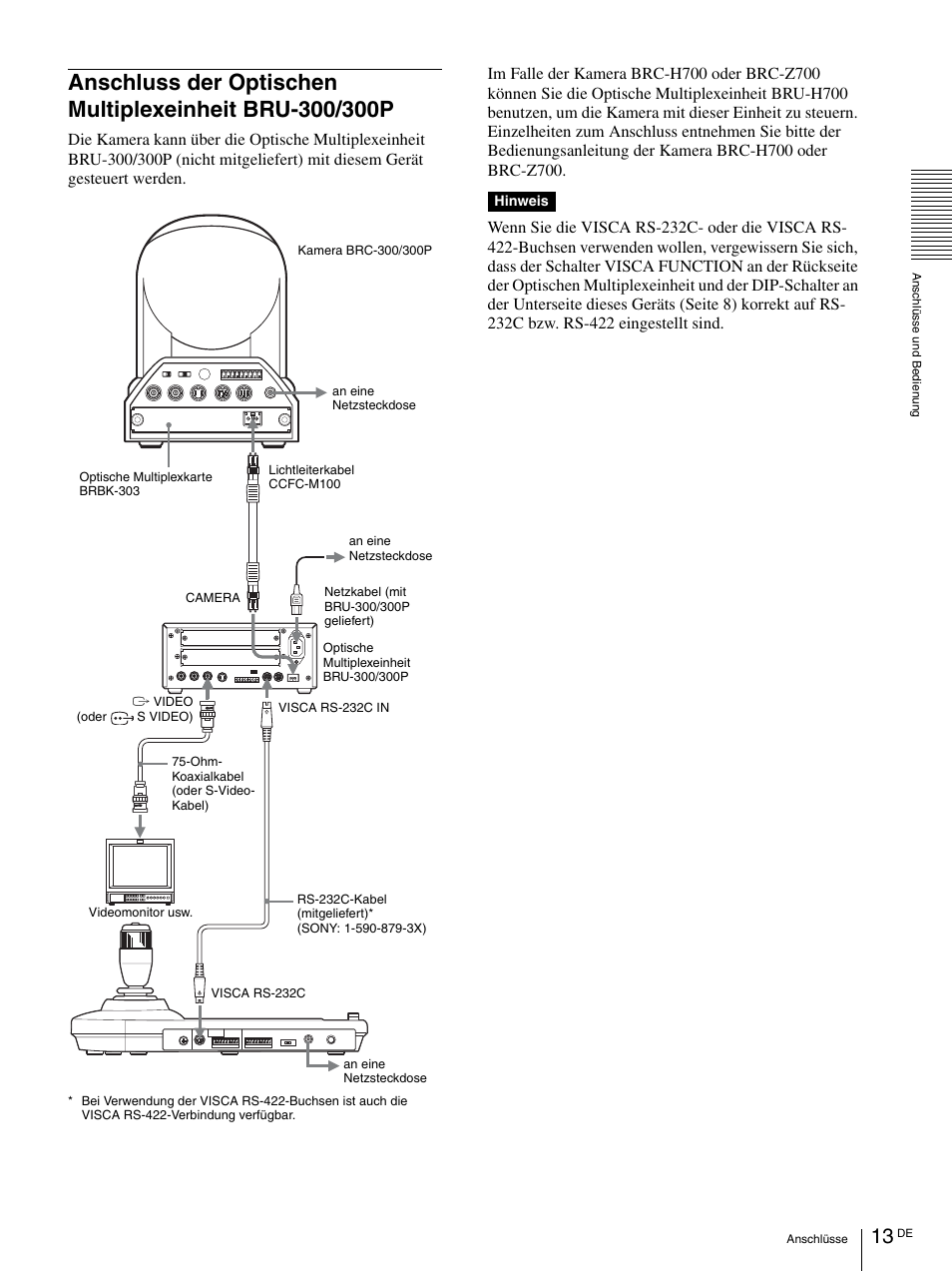 Anschluss der optischen multiplexeinheit, Bru-300/300p, Hinweis | Sony RM-BR300 User Manual | Page 71 / 80