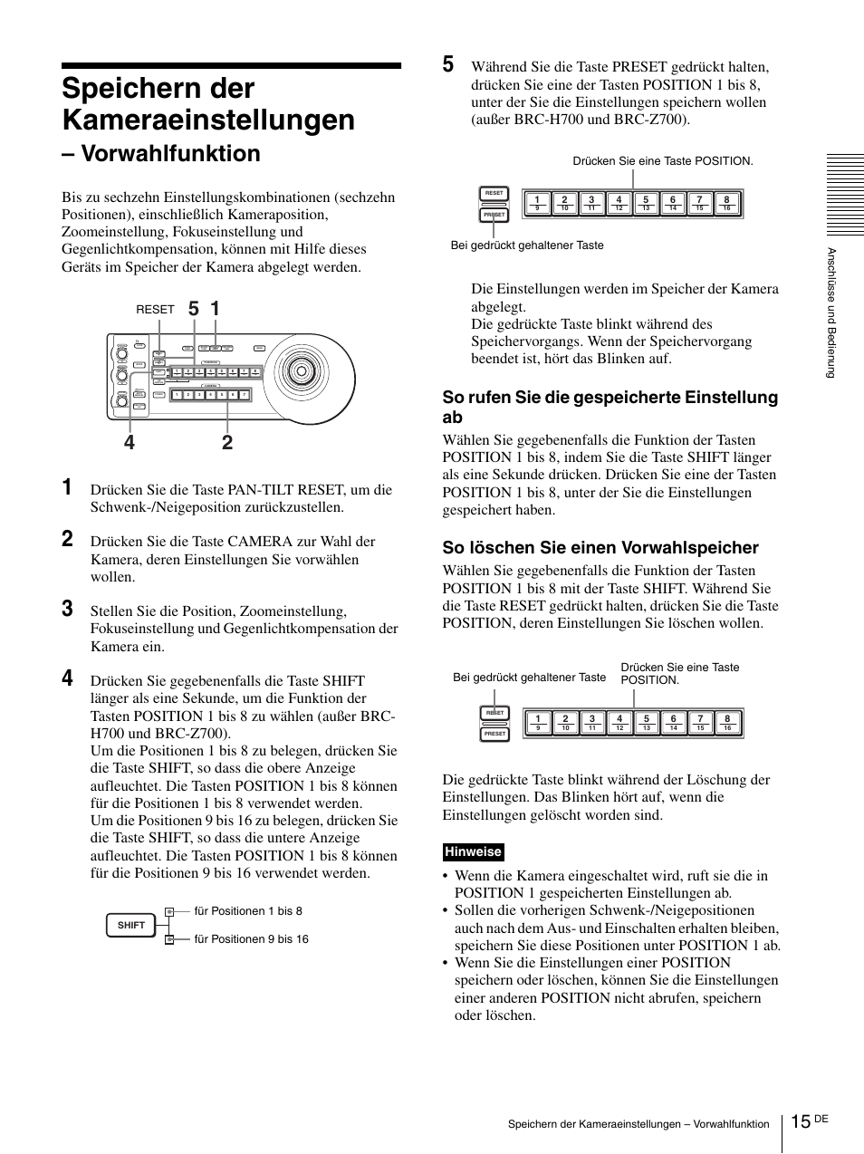 Speichern der kameraeinstellungen, Vorwahlfunktion, So rufen sie die gespeicherte einstellung ab | So löschen sie einen vorwahlspeicher, Hinweise | Sony RM-BR300 User Manual | Page 73 / 80