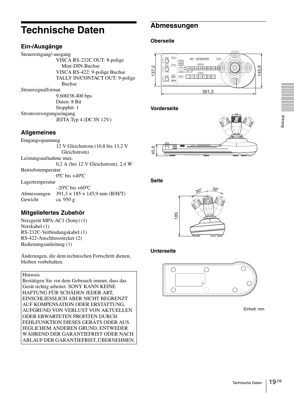 Technische daten, Abmessungen, Ein-/ausgänge | Allgemeines, Mitgeliefertes zubehör, Vorderseite unterseite seite oberseite | Sony RM-BR300 User Manual | Page 77 / 80
