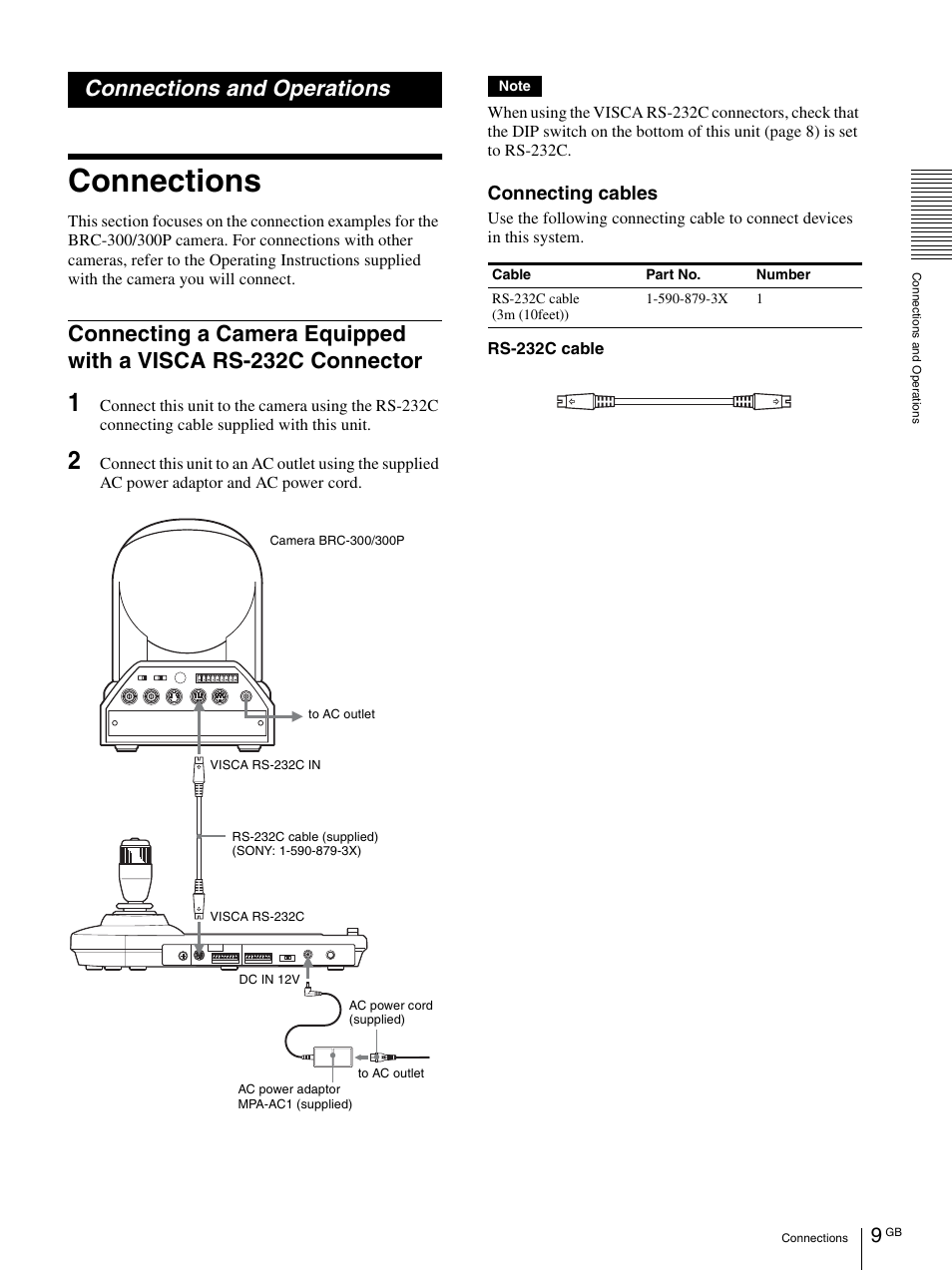 Connections and operations, Connections, Connecting a camera equipped with a visca | Rs-232c connector, Connecting cables | Sony RM-BR300 User Manual | Page 9 / 80