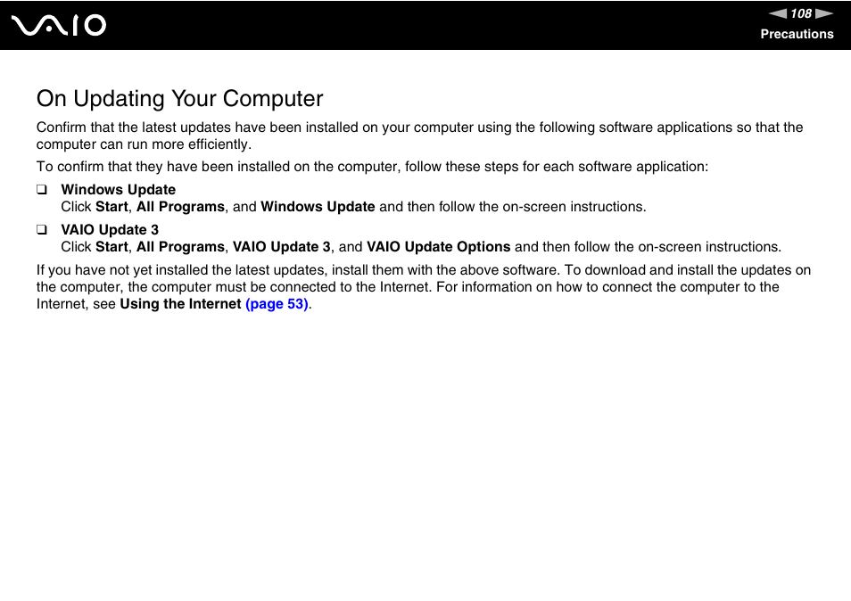 On updating your computer | Sony VAIO VGN-NR Series User Manual | Page 108 / 162