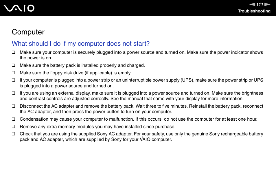 Computer, What should i do if my computer does not start | Sony VAIO VGN-NR Series User Manual | Page 111 / 162