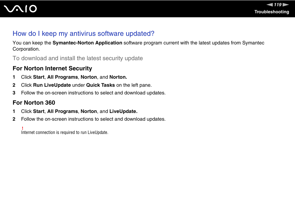 How do i keep my antivirus software updated, For norton 360 | Sony VAIO VGN-NR Series User Manual | Page 119 / 162