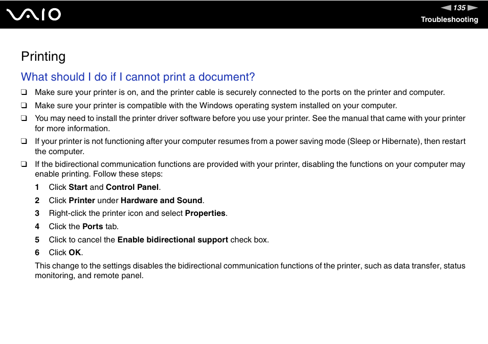 Printing, Inting, What should i do if i cannot print a document | Sony VAIO VGN-NR Series User Manual | Page 135 / 162