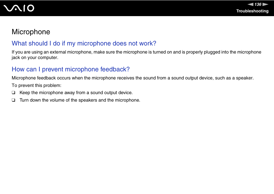 Microphone, What should i do if my microphone does not work, How can i prevent microphone feedback | Sony VAIO VGN-NR Series User Manual | Page 136 / 162