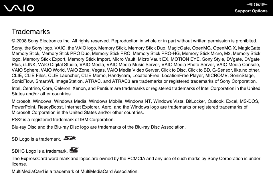 Trademarks | Sony VAIO VGN-NR Series User Manual | Page 160 / 162