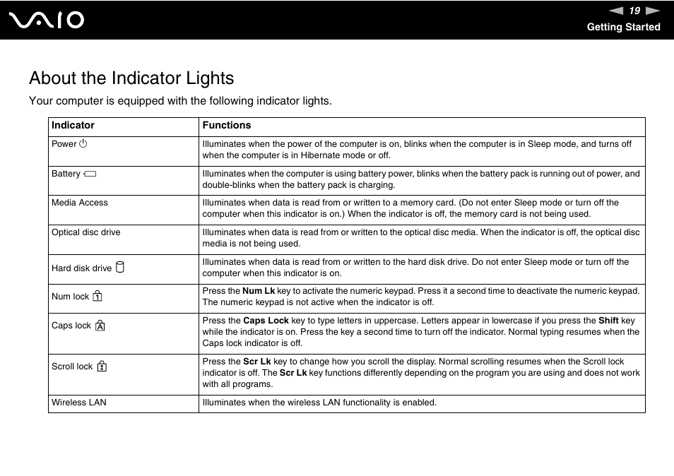 About the indicator lights | Sony VAIO VGN-NR Series User Manual | Page 19 / 162