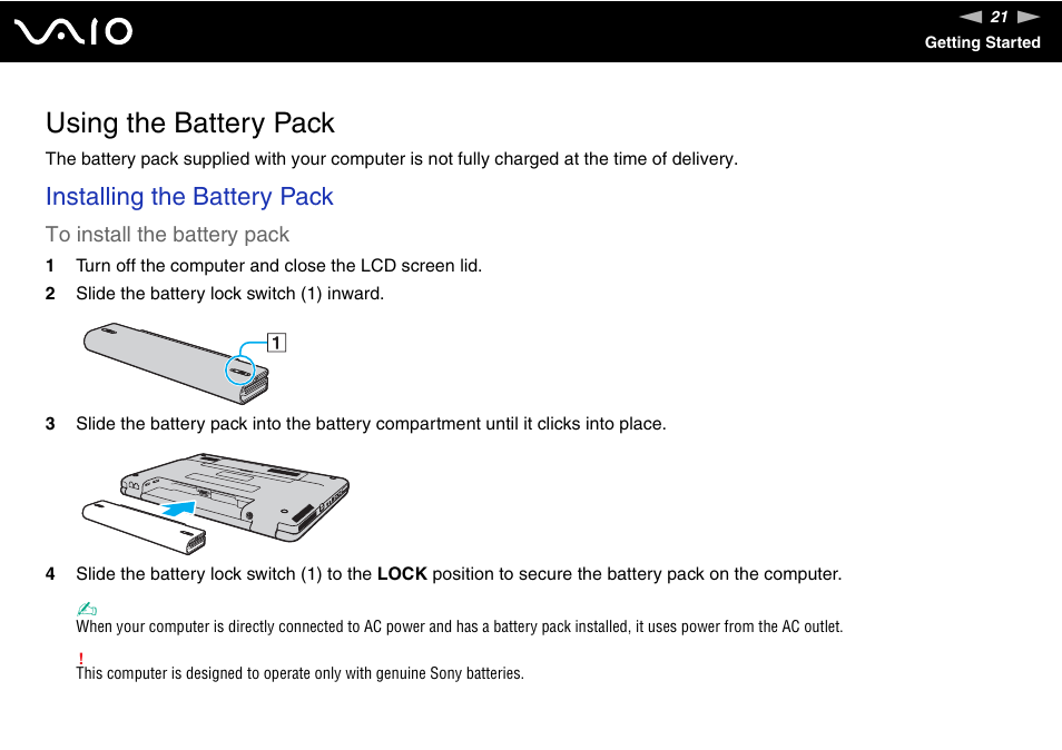 Using the battery pack, Installing the battery pack | Sony VAIO VGN-NR Series User Manual | Page 21 / 162