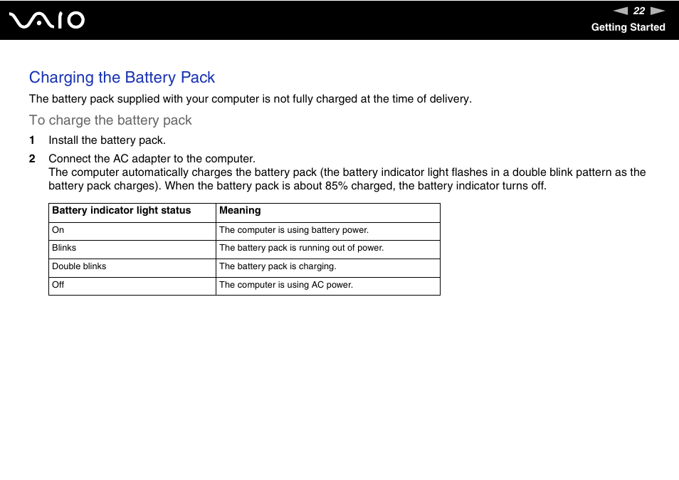 Charging the battery pack | Sony VAIO VGN-NR Series User Manual | Page 22 / 162