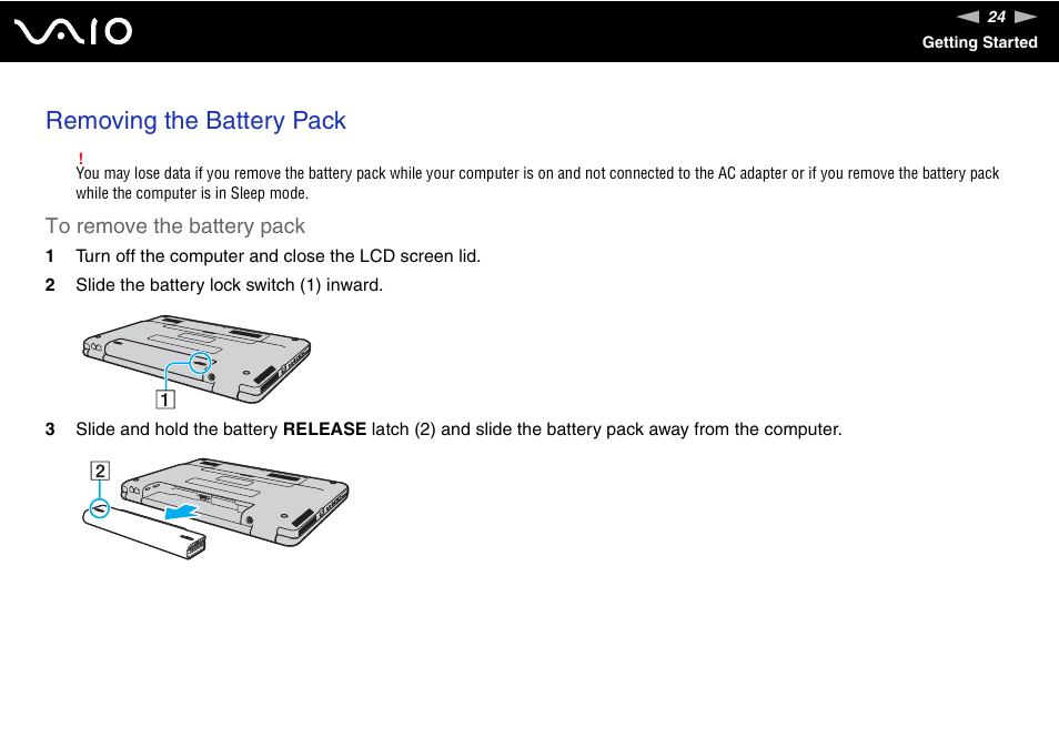 Removing the battery pack | Sony VAIO VGN-NR Series User Manual | Page 24 / 162