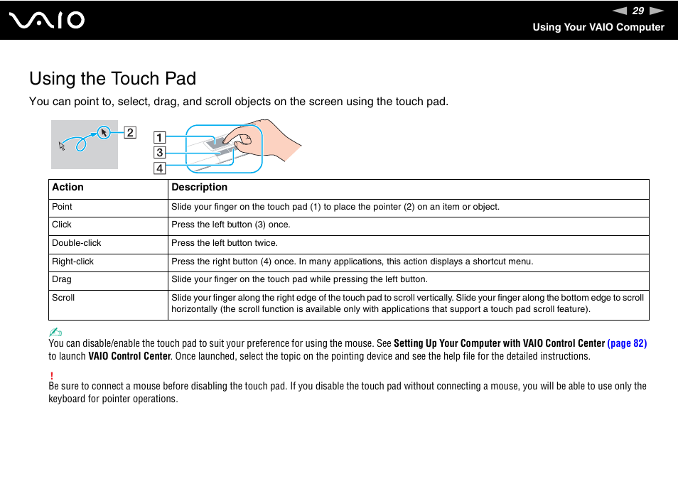 Using the touch pad | Sony VAIO VGN-NR Series User Manual | Page 29 / 162