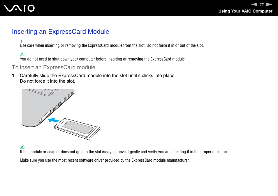 Inserting an expresscard module | Sony VAIO VGN-NR Series User Manual | Page 41 / 162