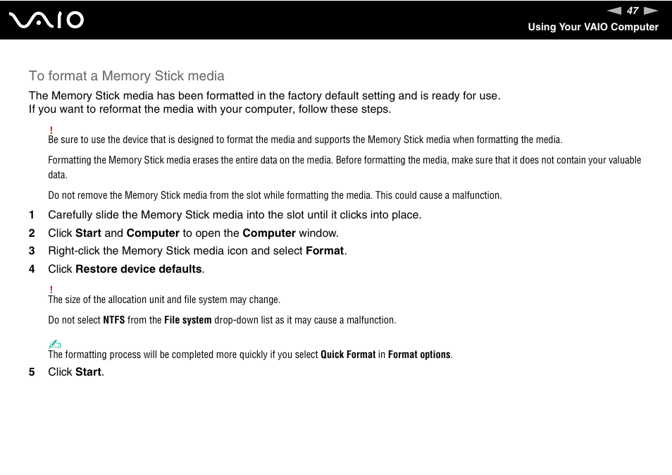 Sony VAIO VGN-NR Series User Manual | Page 47 / 162