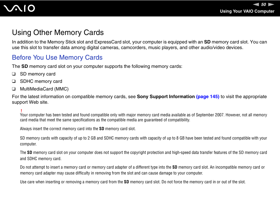 Using other memory cards | Sony VAIO VGN-NR Series User Manual | Page 50 / 162