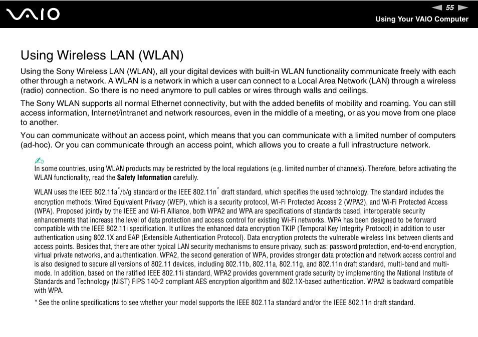 Using wireless lan (wlan), Lan) | Sony VAIO VGN-NR Series User Manual | Page 55 / 162