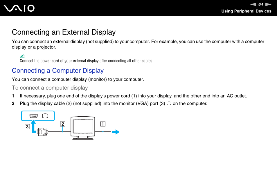 Connecting an external display, Connecting a computer display | Sony VAIO VGN-NR Series User Manual | Page 64 / 162