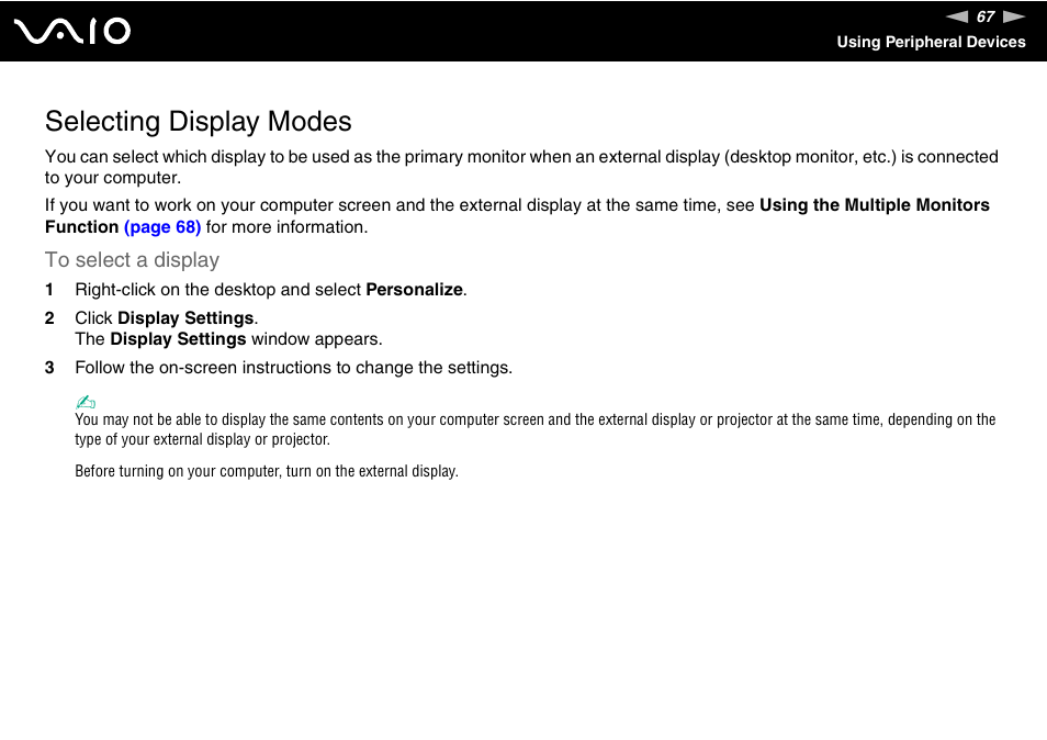 Selecting display modes | Sony VAIO VGN-NR Series User Manual | Page 67 / 162