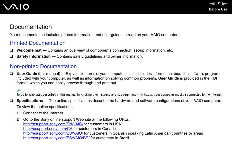 Documentation, Printed documentation, Non-printed documentation | Sony VAIO VGN-NR Series User Manual | Page 7 / 162