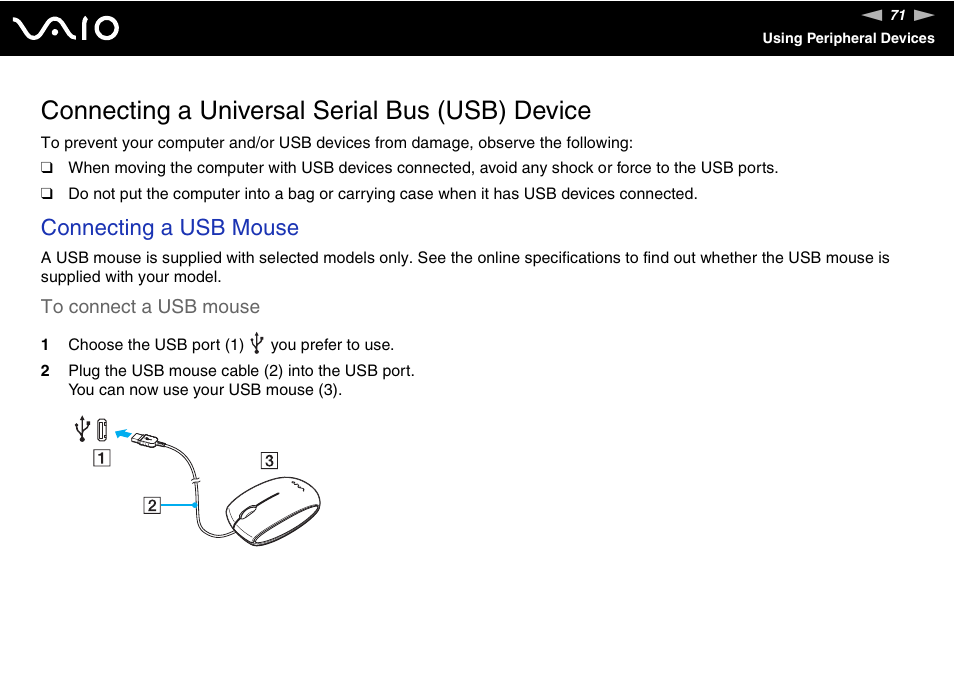 Connecting a universal serial bus (usb) device, Connecting a usb mouse | Sony VAIO VGN-NR Series User Manual | Page 71 / 162