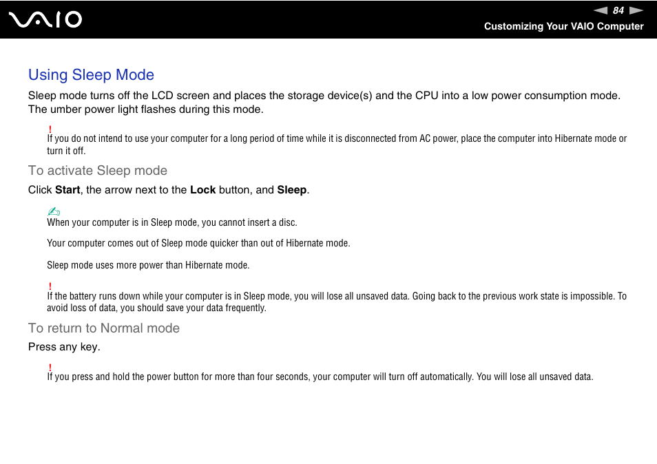 Using sleep mode | Sony VAIO VGN-NR Series User Manual | Page 84 / 162