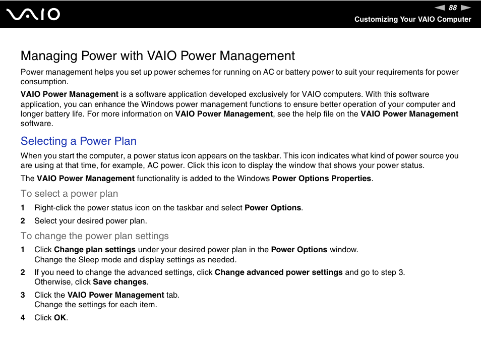 Managing power with vaio power management, Selecting a power plan | Sony VAIO VGN-NR Series User Manual | Page 88 / 162