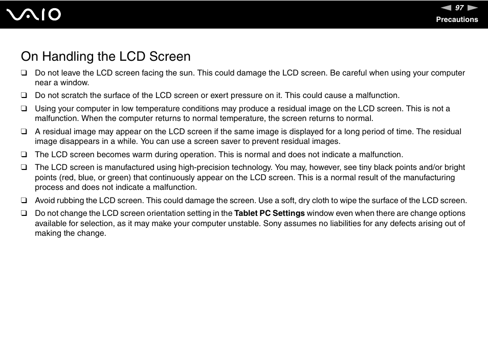 On handling the lcd screen | Sony VAIO VGN-NR Series User Manual | Page 97 / 162