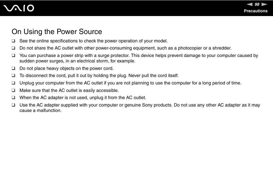 On using the power source | Sony VAIO VGN-NR Series User Manual | Page 98 / 162