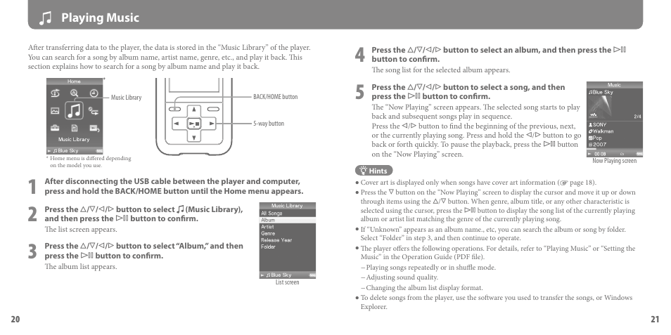 Playing music | Sony NWZ-S618F User Manual | Page 11 / 16