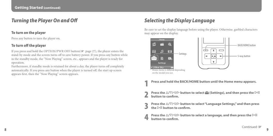 Turning the player on and off, Selecting the display language | Sony NWZ-S618F User Manual | Page 5 / 16