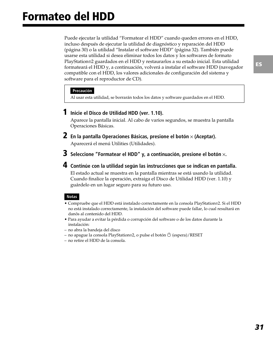 Formateo del hdd | Sony PlayStation 2 User Manual | Page 103 / 112