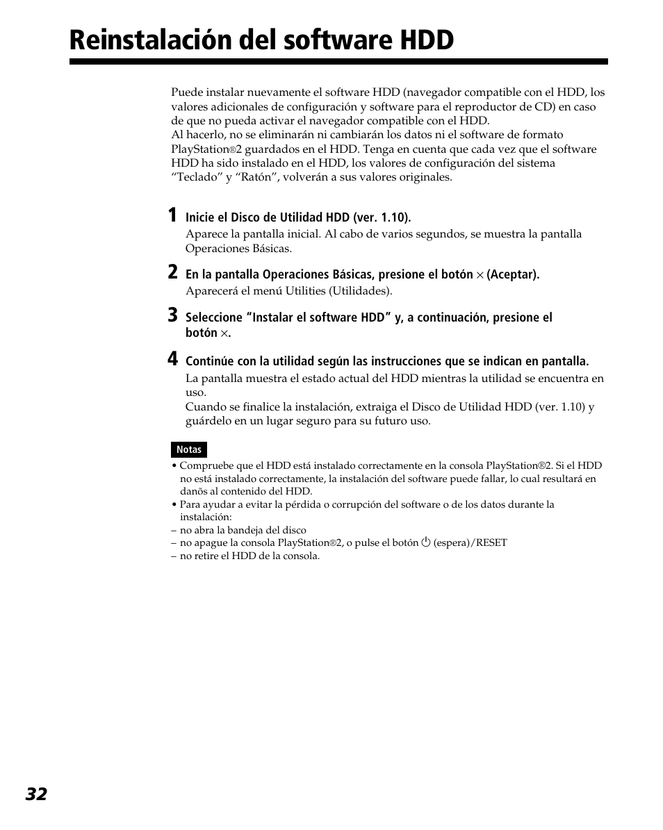 Reinstalación del software hdd | Sony PlayStation 2 User Manual | Page 104 / 112