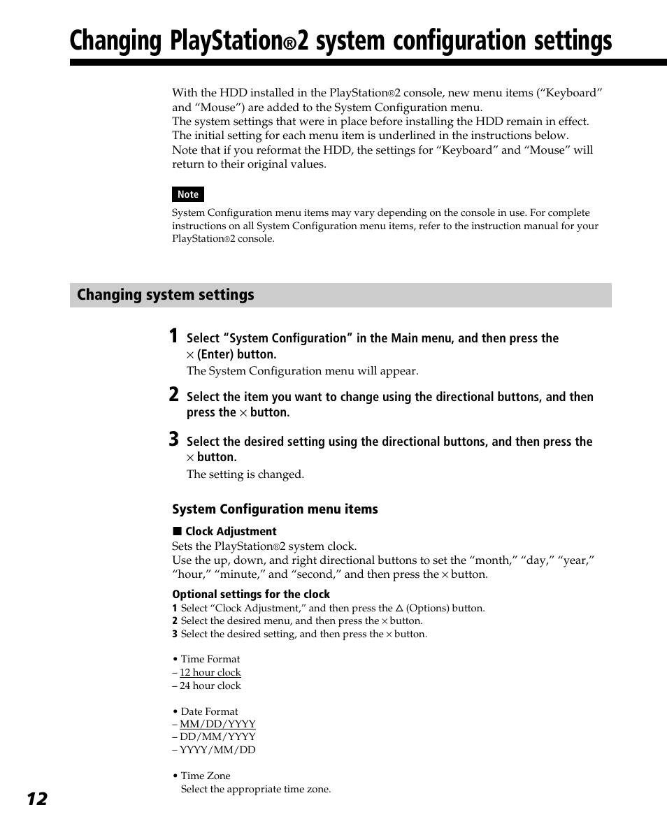 Changing playstation, 2 system configuration settings, Changing system settings | Sony PlayStation 2 User Manual | Page 12 / 112