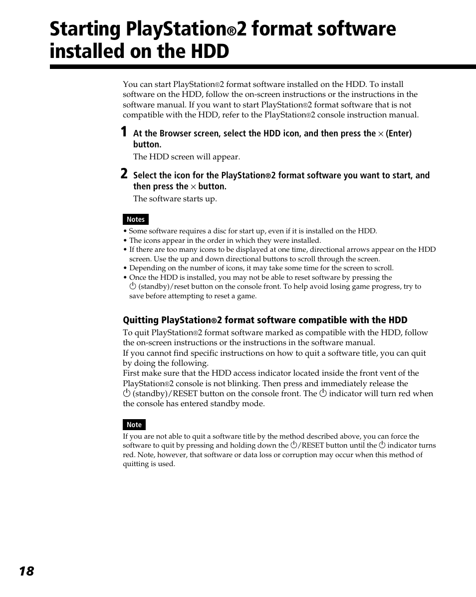 Starting playstation, 2 format software installed on the hdd | Sony PlayStation 2 User Manual | Page 18 / 112