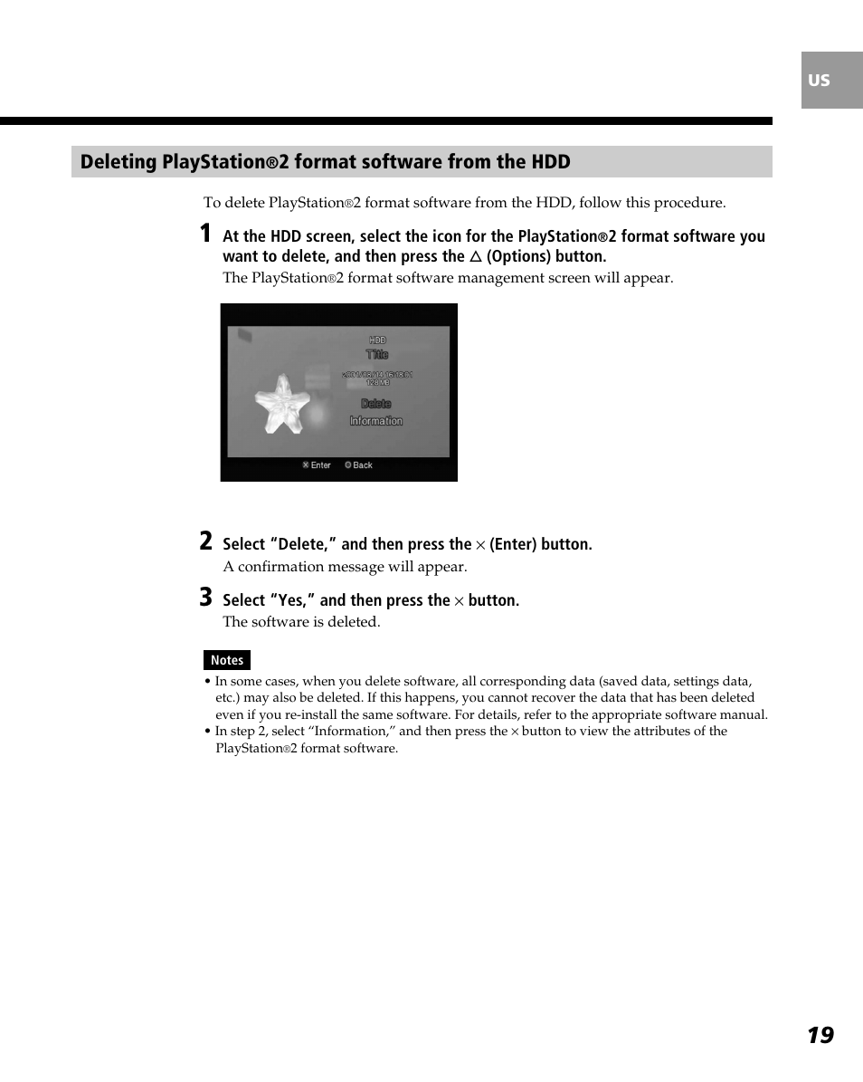 Deleting playstation, 2 format software from the hdd | Sony PlayStation 2 User Manual | Page 19 / 112