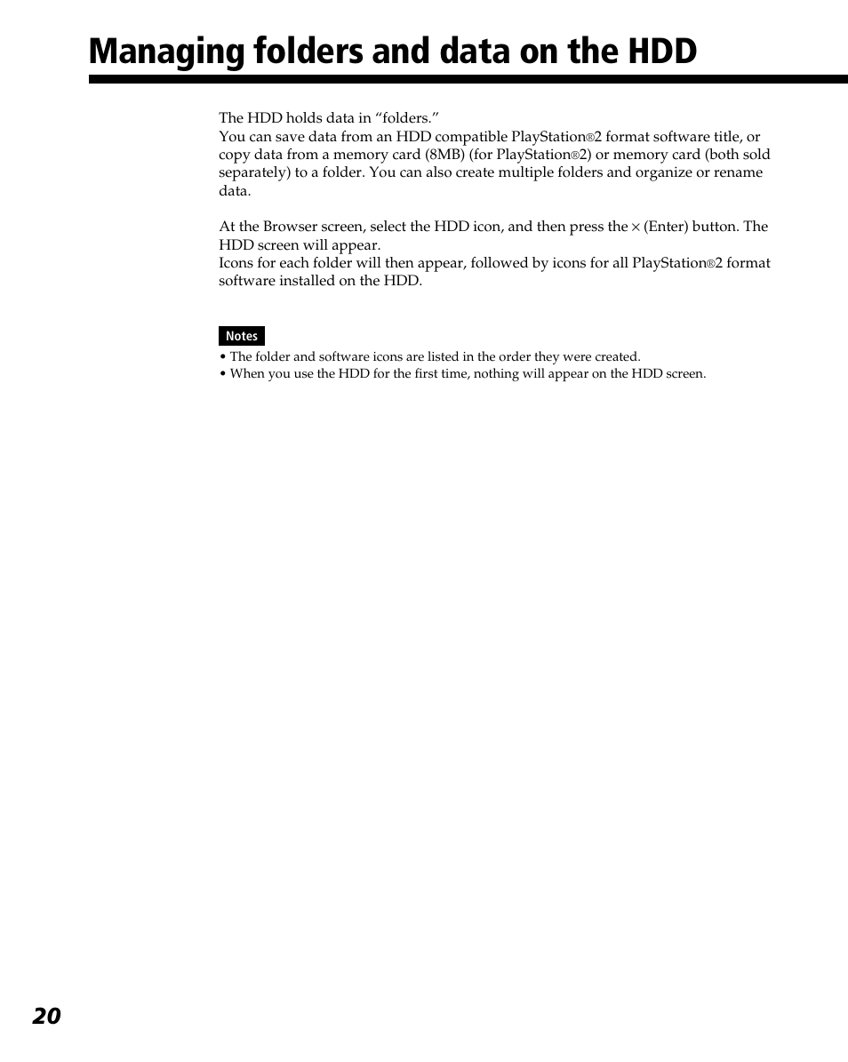 Managing folders and data on the hdd | Sony PlayStation 2 User Manual | Page 20 / 112