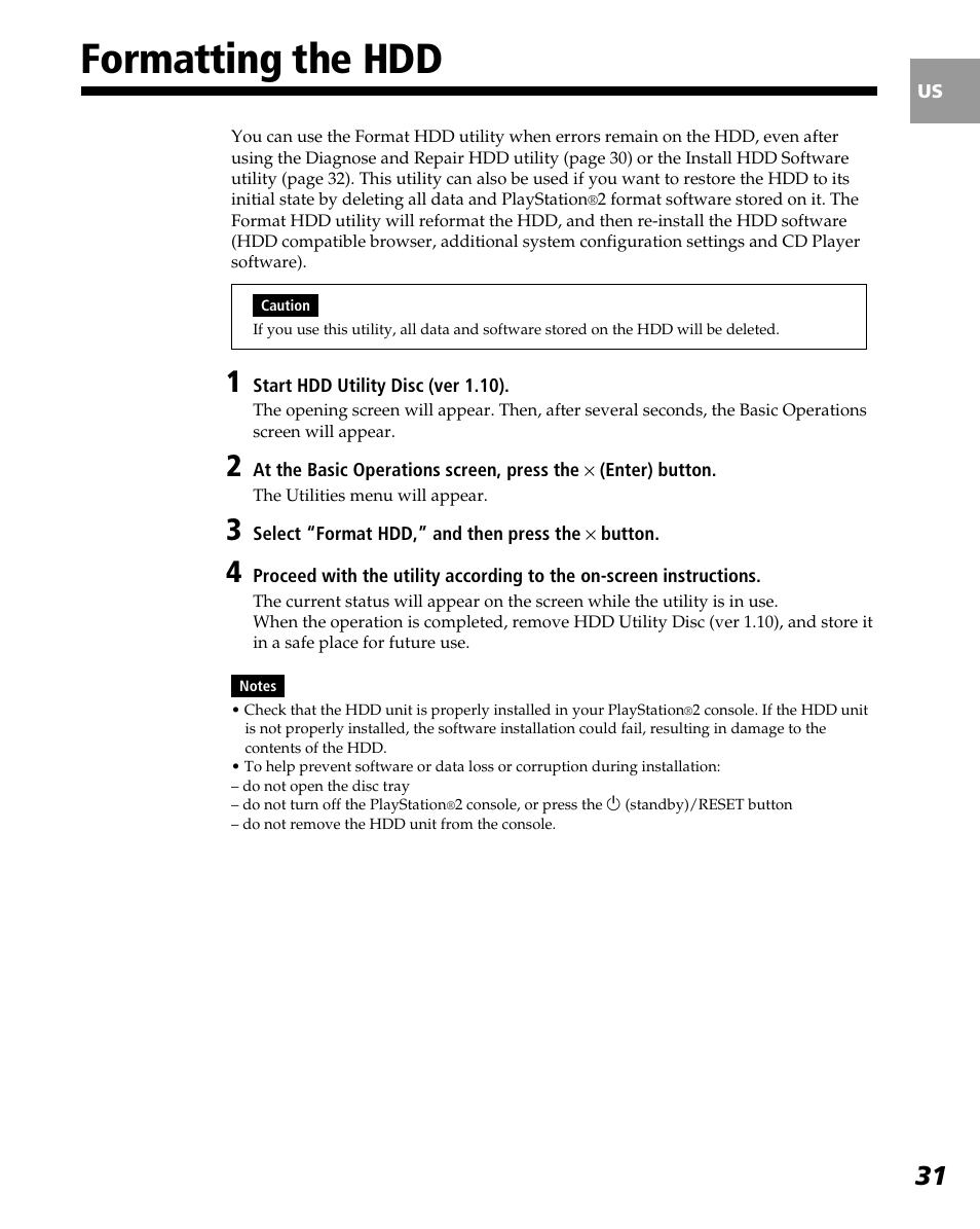 Formatting the hdd | Sony PlayStation 2 User Manual | Page 31 / 112