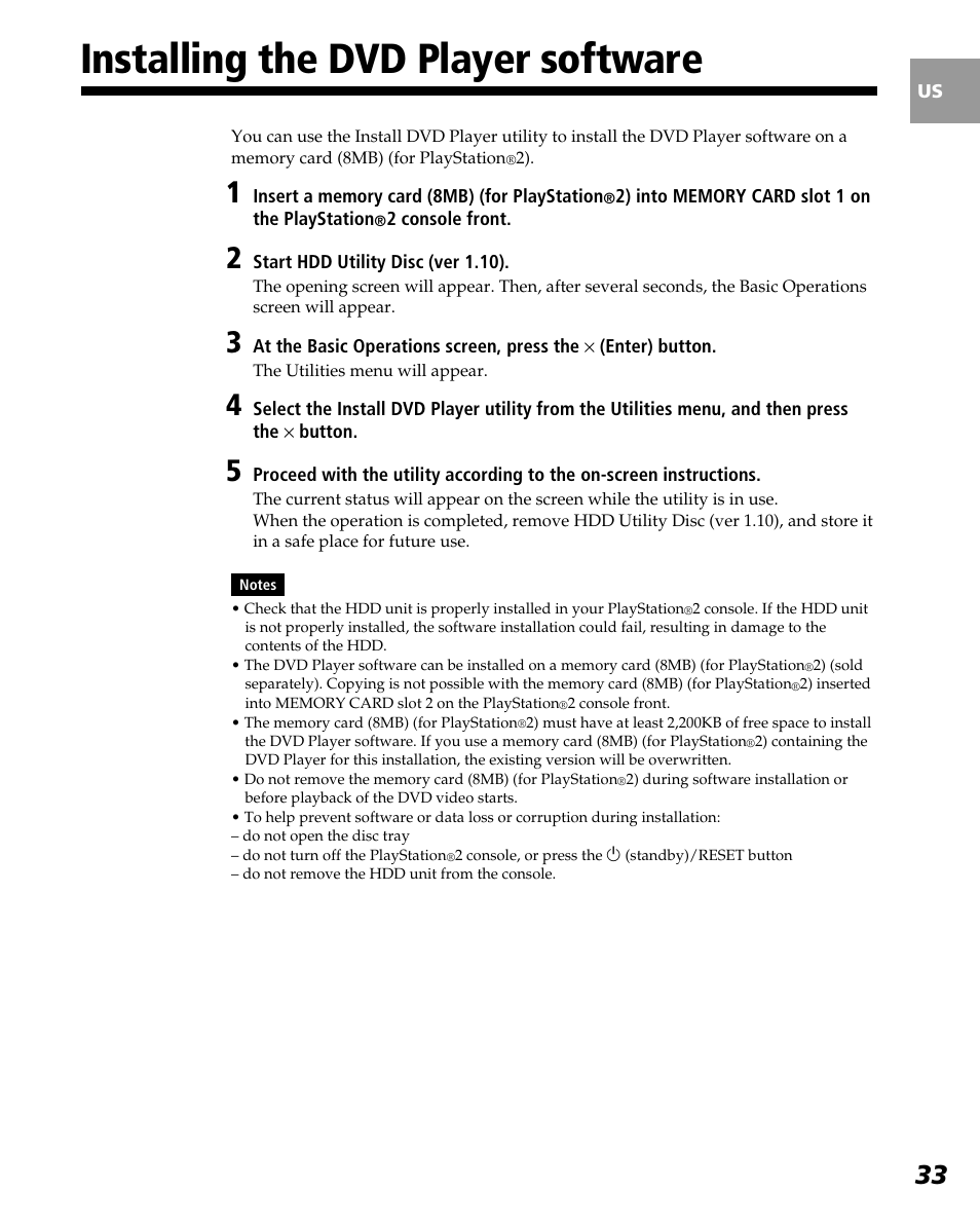 Installing the dvd player software | Sony PlayStation 2 User Manual | Page 33 / 112