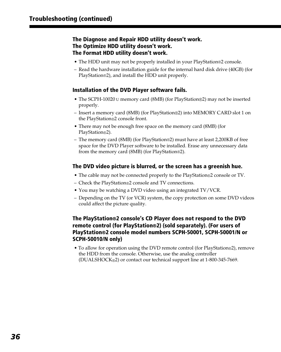 Troubleshooting (continued) | Sony PlayStation 2 User Manual | Page 36 / 112