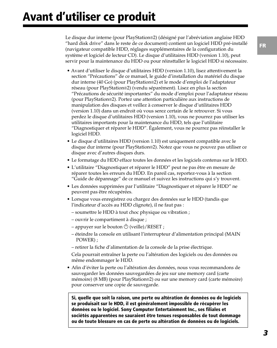 Avant d’utiliser ce produit | Sony PlayStation 2 User Manual | Page 39 / 112