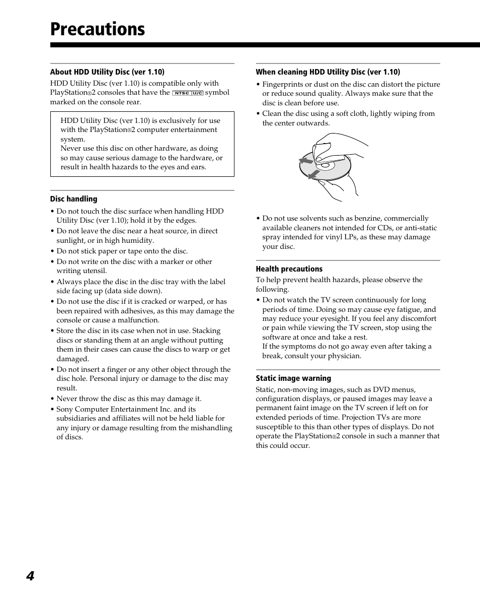 Precautions | Sony PlayStation 2 User Manual | Page 4 / 112