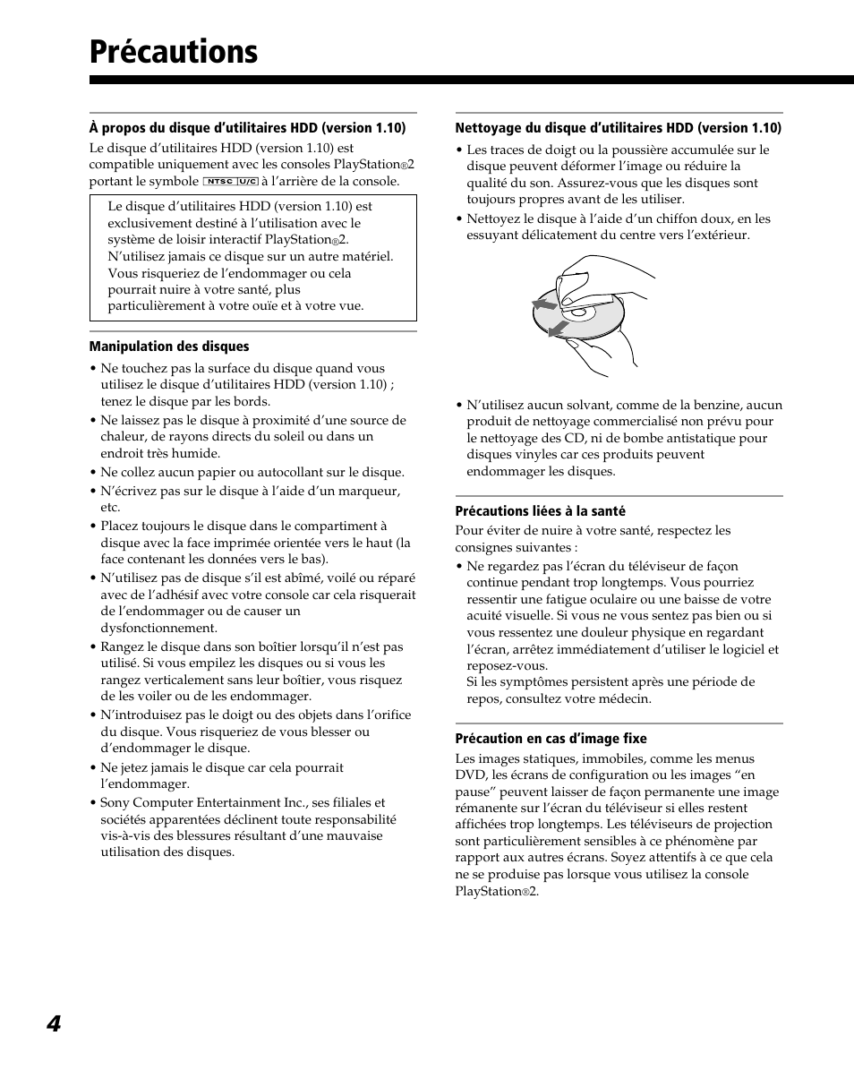 Précautions | Sony PlayStation 2 User Manual | Page 40 / 112