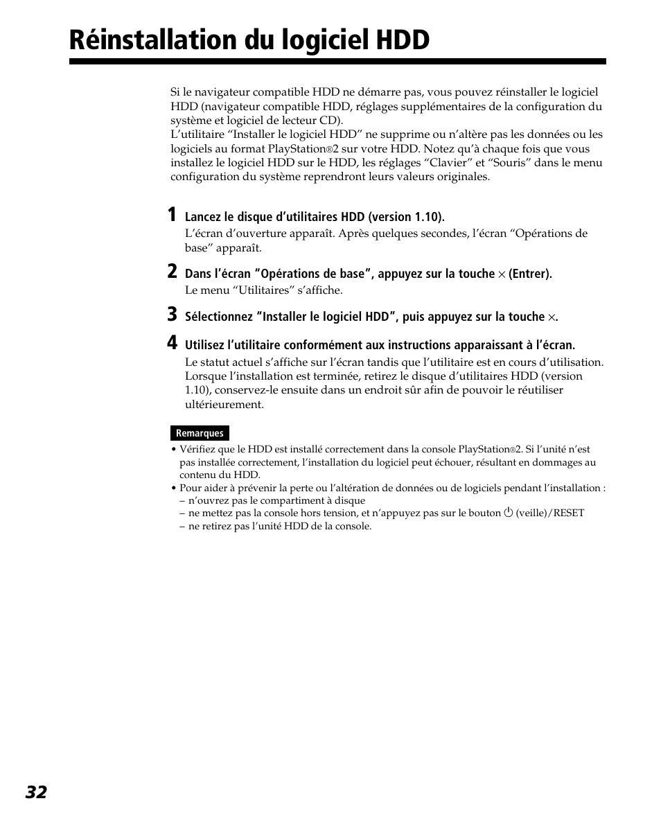 Réinstallation du logiciel hdd | Sony PlayStation 2 User Manual | Page 68 / 112