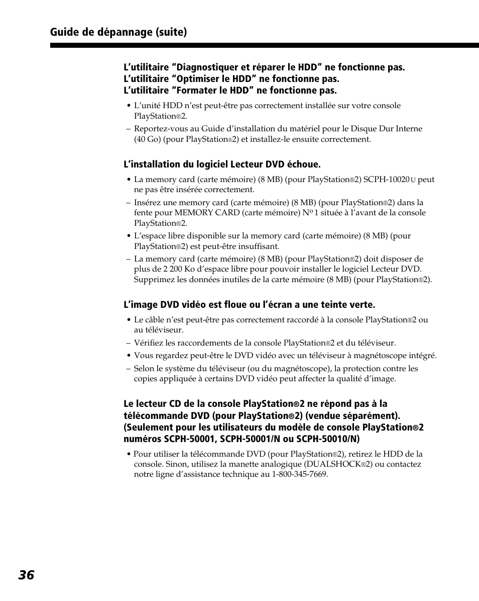 Guide de dépannage (suite) | Sony PlayStation 2 User Manual | Page 72 / 112