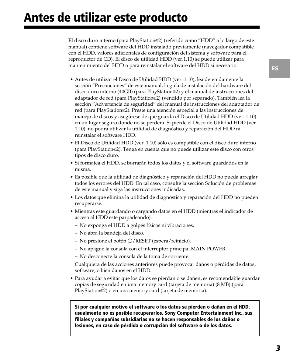 Antes de utilizar este producto | Sony PlayStation 2 User Manual | Page 75 / 112