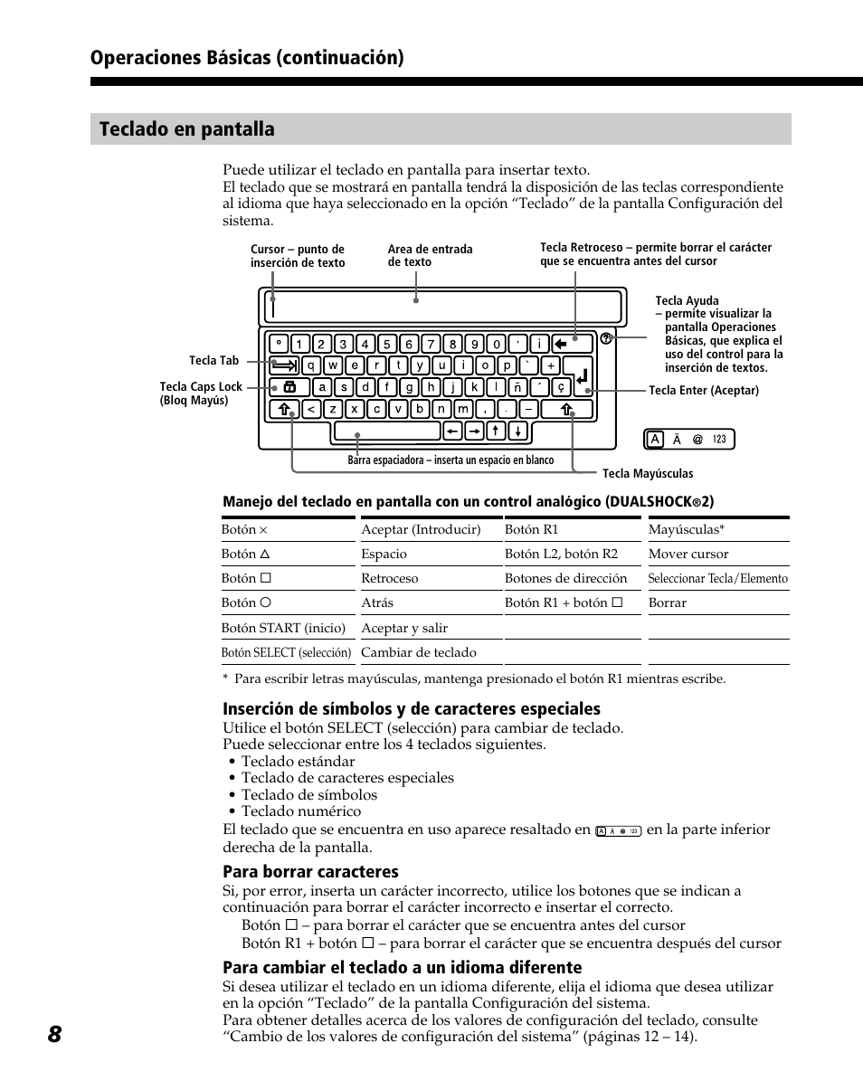 Inserción de símbolos y de caracteres especiales, Para borrar caracteres, Para cambiar el teclado a un idioma diferente | Sony PlayStation 2 User Manual | Page 80 / 112