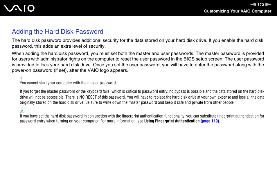 Adding the hard disk password | Sony VAIO VGN-SZ700 User Manual | Page 113 / 235