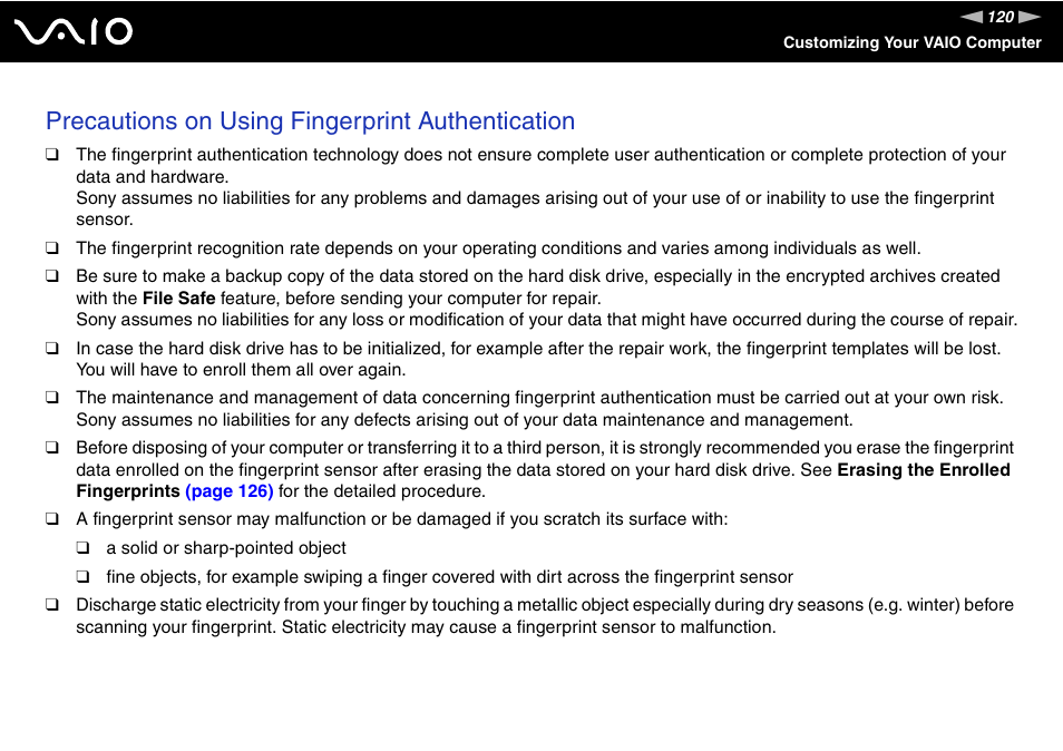 Precautions on using fingerprint authentication | Sony VAIO VGN-SZ700 User Manual | Page 120 / 235